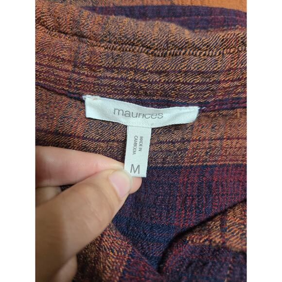 Maurices medium women's golden brown navy blue and orange button up flannel top - Picture 5 of 9